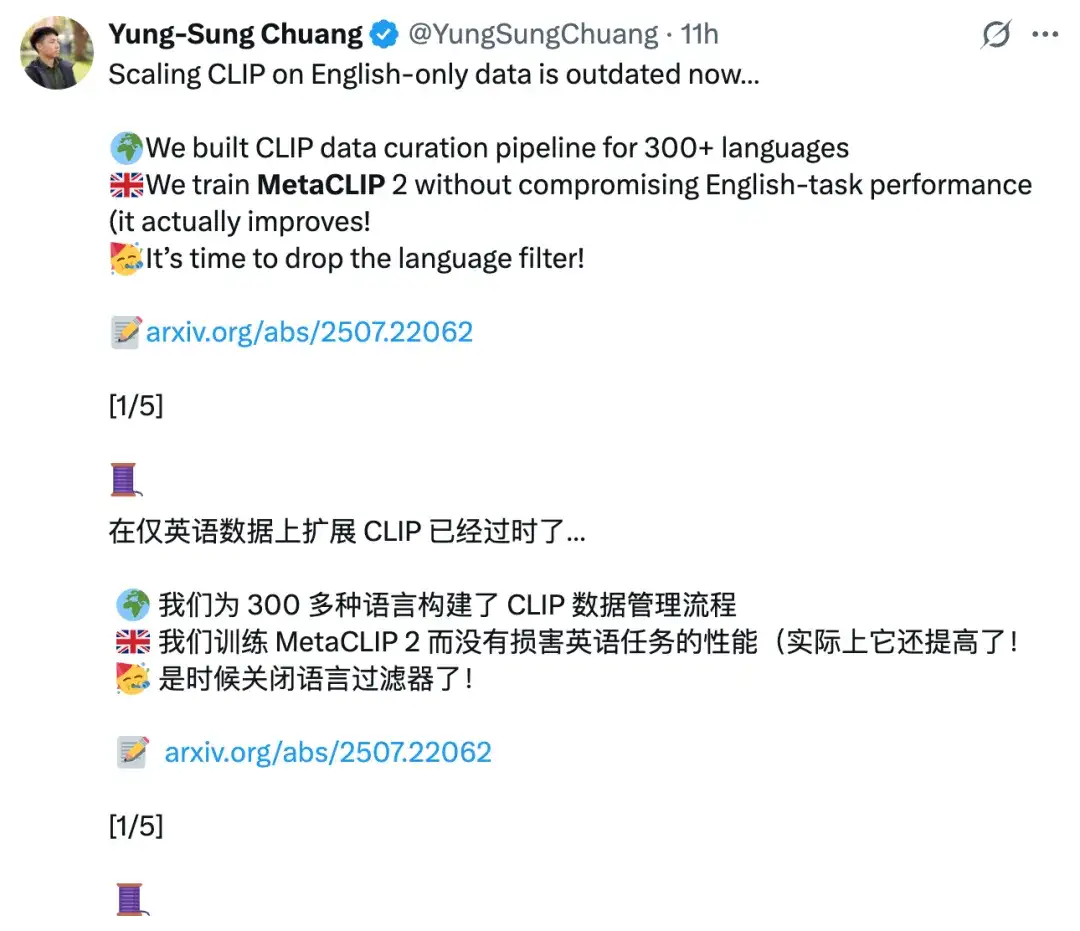 Meta联合谢赛宁、刘壮扩展CLIP至300+语言